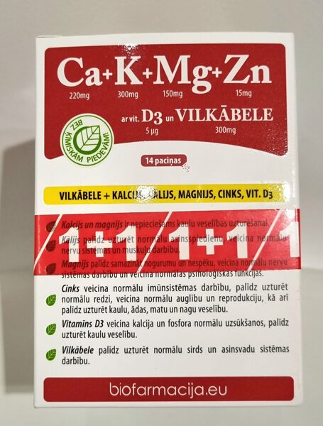 Biofarmācija CA+K+MG+ZN ar vitamīnu D3 un Vilkābele, 14 paciņas 1+1 komplekts